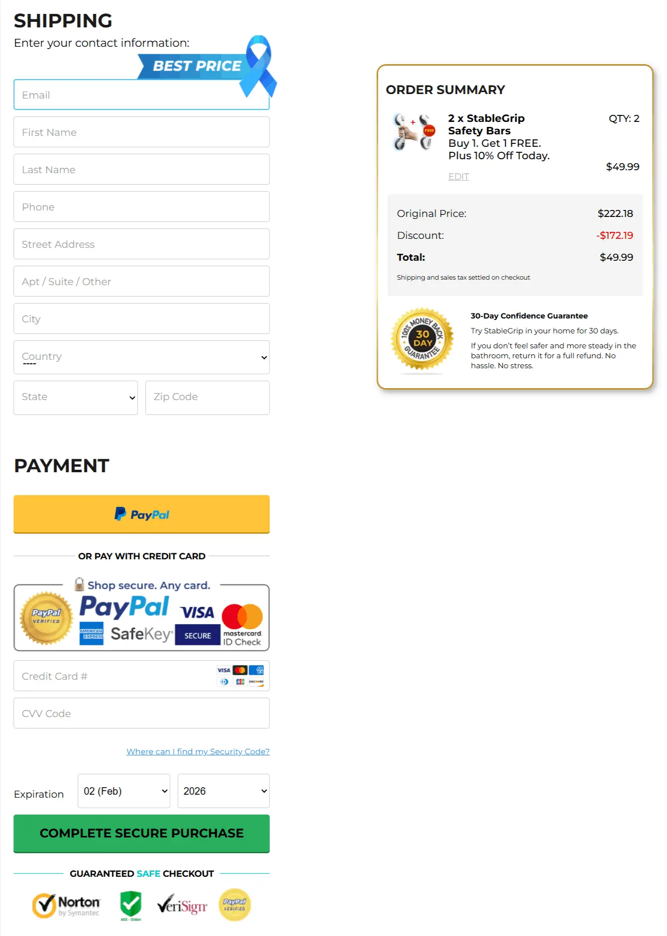 StableGrip secure checkout page